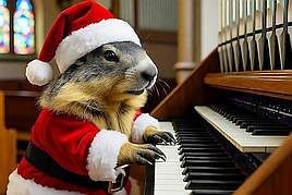 une marmotte joue de l'orgue, déguisée en père Noël